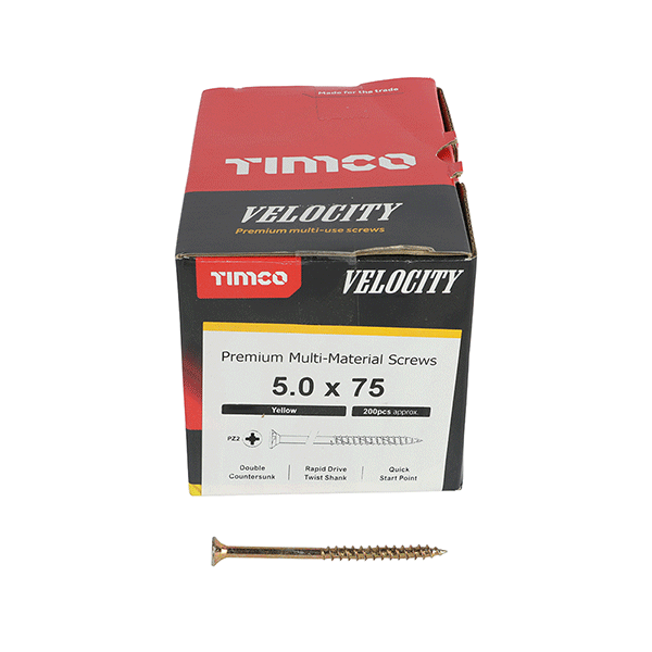 5 x 75mm Timco Velocity Wood Screws, Pozi, Countersunk, ZY, Box of 200 (50075VY)