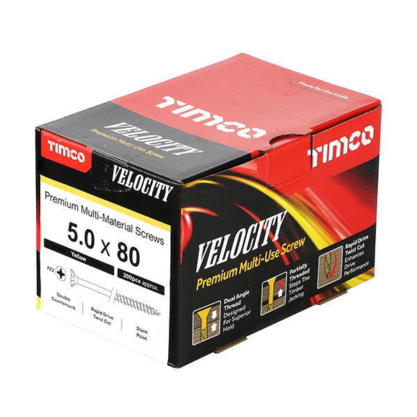 Velocity wood screw box image for the 5 x 80mm Timco Velocity Wood Screws, Pozi, Countersunk, ZY, Box of 200 (50080VY)