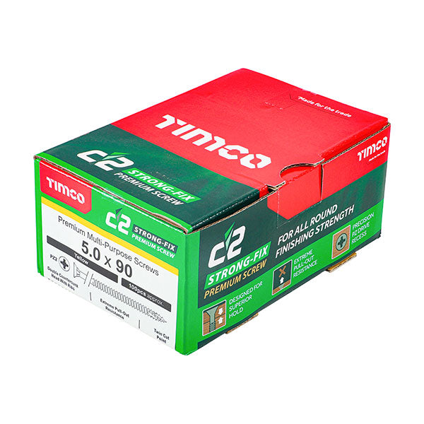 Product image for 5 x 90mm Timco C2 Strong Fix Wood Screws, Pozi, Countersunk, ZY, Box of 100 (50090C2) part of a growing range from Fusion Fixings