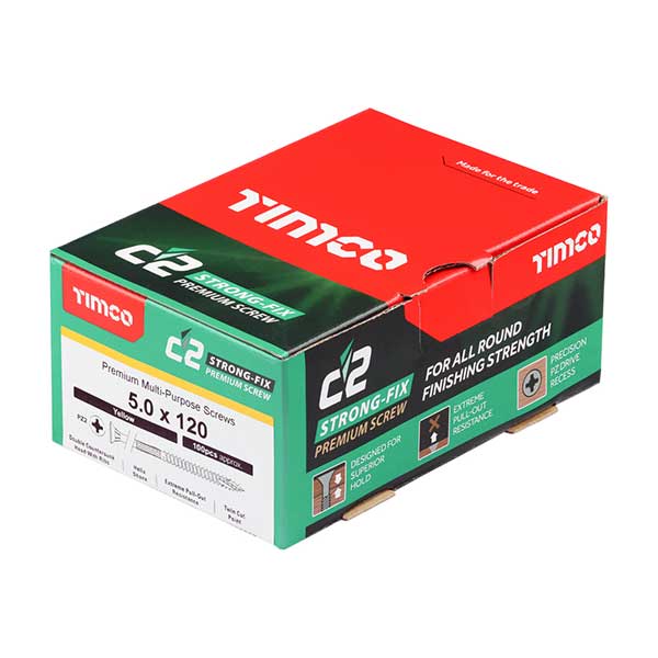 c2 wood screw box image for the 5 x 120mm Timco C2 Strong Fix Wood Screws, Pozi, Countersunk, ZY, Box of 100 (50120C2)