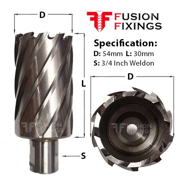 Size guide for the 54 x 30mm Rotabroack Raptor X Mag Drill Annular Cutter, HSS M2AL (RAP540)