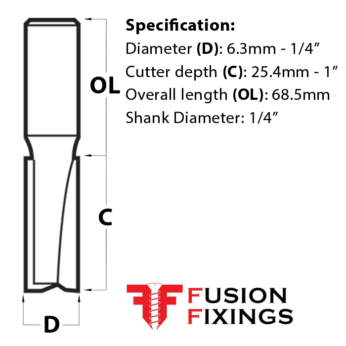 Size guide for the 6.3mm Dia. x 25.4mm Cut Trend CraftPro Two Flute Router Cutter 1/4 Inch Shank (C008X1/4TC) - CLEARANCE