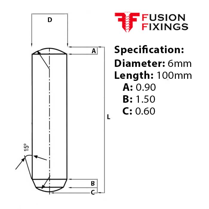 6 x 100mm Dowel Pin, Hardened & Ground Steel, Self-Colour, DIN 6325