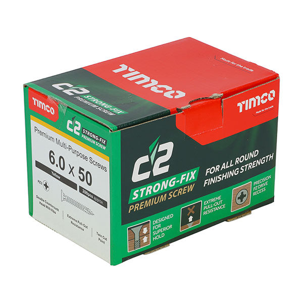 6 x 50mm Timco C2 Strong Fix Wood Screws, Pozi, Countersunk, ZY, Box of 200 (60050C2)