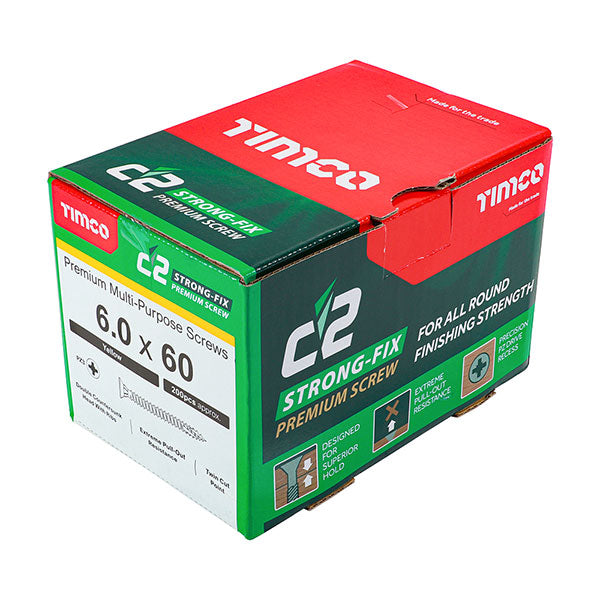 6 x 60mm Timco C2 Strong Fix Wood Screws, Pozi, Countersunk, ZY, Box of 200 (60060C2)