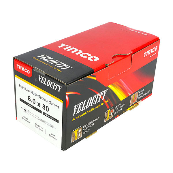 Timco Velocity wood screw product box image for the 6 x 80mm Timco Velocity Wood Screws, Pozi, Countersunk, ZY, Box of 200 (60080VY)