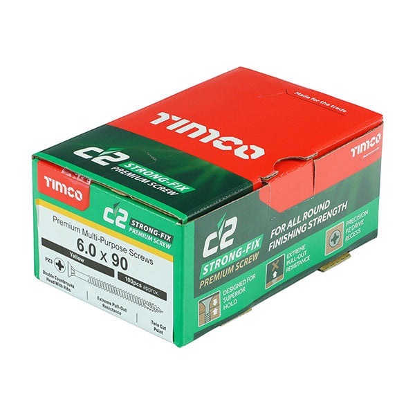 6 x 90mm Timco C2 Strong Fix Wood Screws, Pozi, Countersunk, ZY, Box of 100 (60090C2)