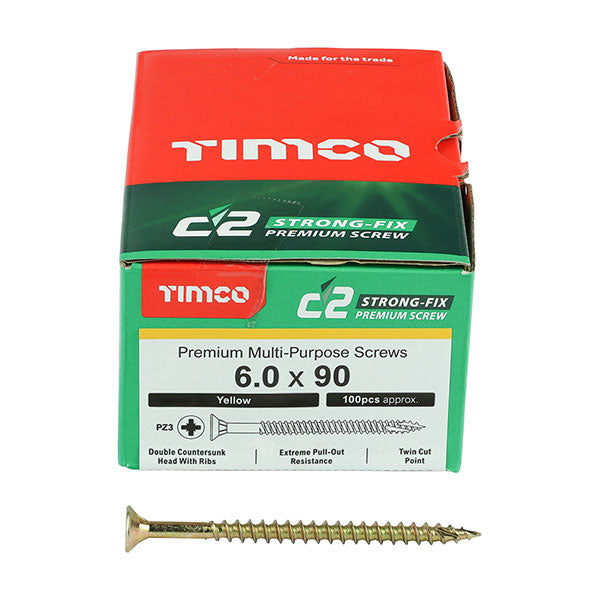 6 x 90mm Timco C2 Strong Fix Wood Screws, Pozi, Countersunk, ZY, Box of 100 (60090C2)