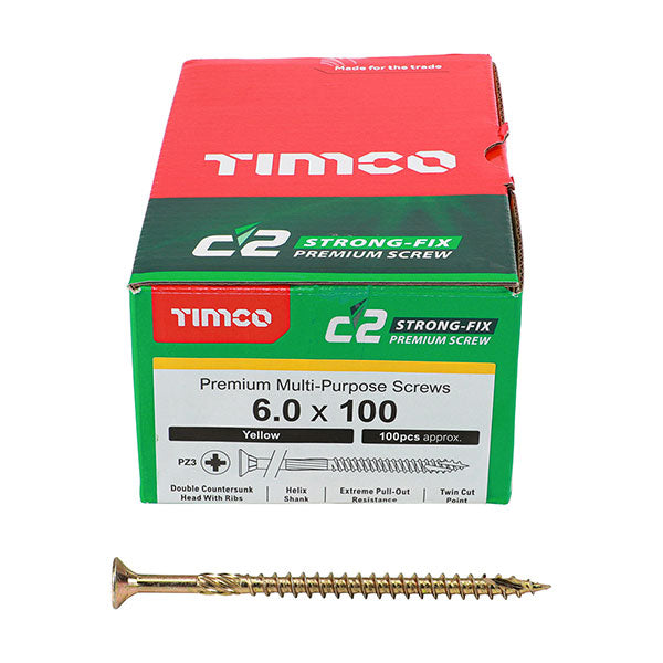 6 x 100mm Timco C2 Strong Fix Wood Screws, Pozi, Countersunk, ZY, Box of 100 (60100C2)