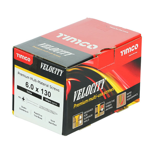6 x 130mm Timco Velocity Wood Screws, Pozi, Countersunk, ZY, Box of 200 (60130VY)