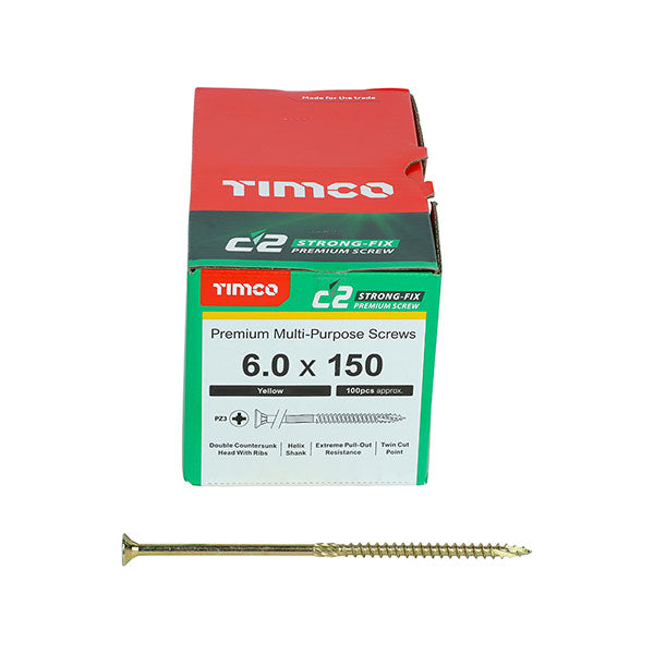 6 x 150mm Timco C2 Strong Fix Wood Screws, Pozi, Countersunk, ZY, Box of 100 (60150C2)