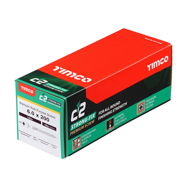 6 x 200mm Timco C2 Strong Fix Wood Screws, Pozi, Countersunk, ZY, Box of 100 (60200C2)