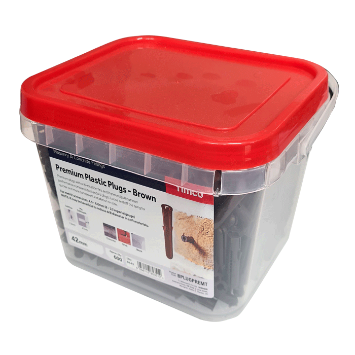 Box image of the 7 x 42mm Brown Premium Plastic Wall Plugs - Screw Size 4.5mm – 6mm - Tub of 600