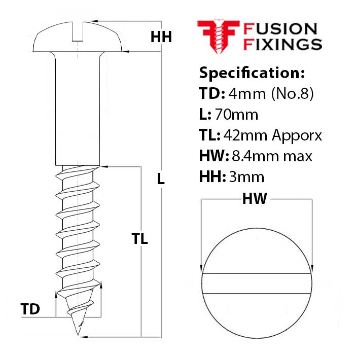 Size guide for 4mm (No.8) x 70mm Slotted Round Head Wood Screw, A2 Stainless Steel, DIN 96