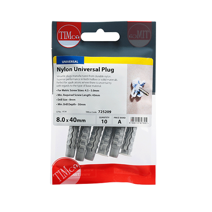 8 x 40mm Universal Nylon Wall Plugs - Screw Size 5mm - 50mm (Bag of 100)