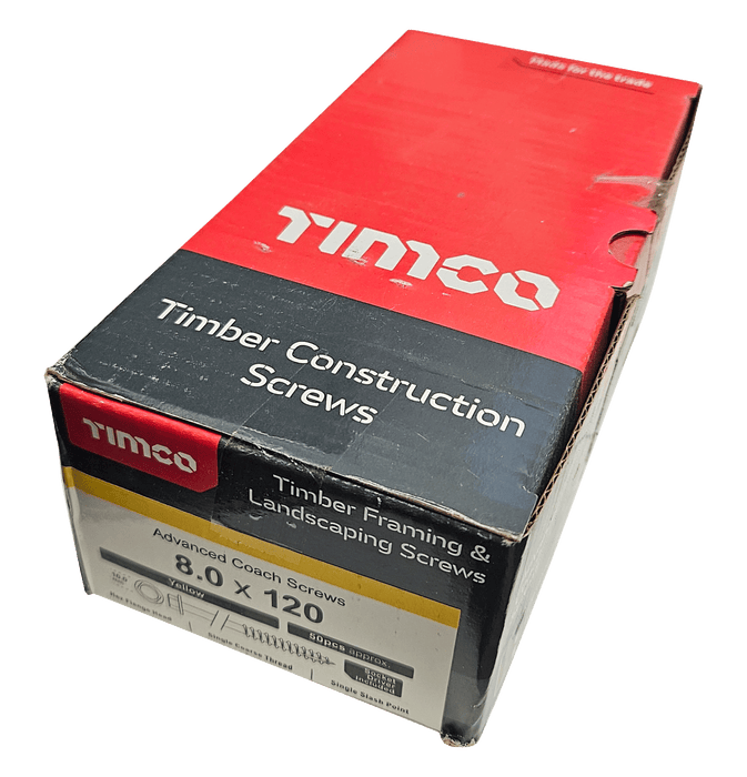 Timco 8 x 120mm Hex Flange Advanced Coach Screw, Zinc and Yellow, Box of 50 (8120SCSY) - Clearance