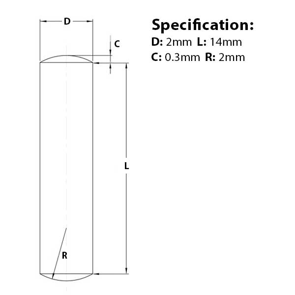 Size guide diagram for the 2mm (M6) x 14mm, Metal Dowel Pin,  A1 Stainless Steel, DIN 7. Part of a larger range of dowel pins from Fusion Fusion