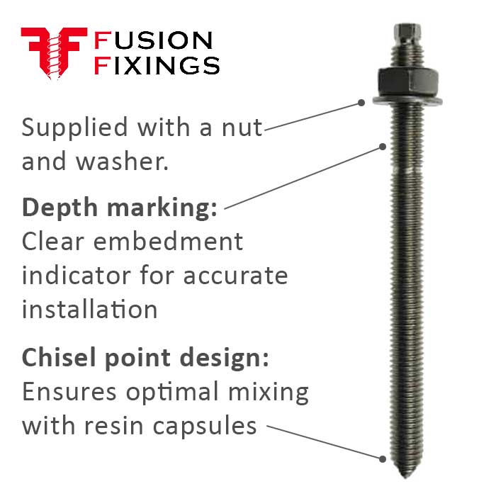 Info image for Chemical Anchor Studs with Nuts & Washers, A2 (304) Stainless Steel 