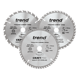 Triple pack of Craft Pro saw blades from Trend. 1 x 24T, 1 x 40T and 1 x 52T. Supplied from Fusion Fixings as part of a growing range of Trend Craft Pro circular saw blades.
