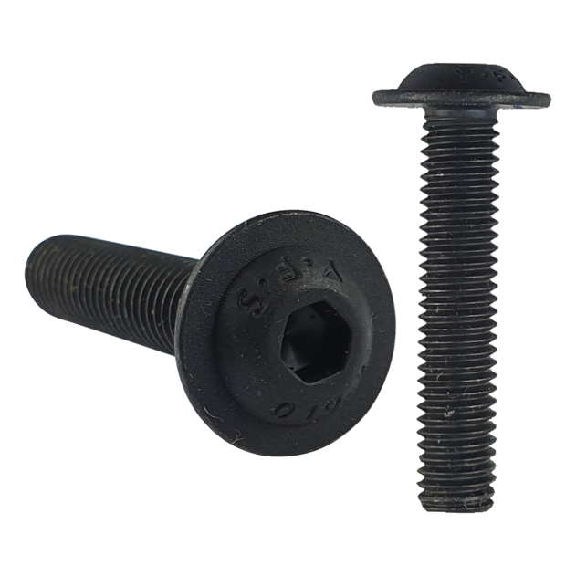 Product photography for the M6 x 12mm Flanged Socket Button Head Screw. Manufactured in a self-colour, grade 10.9 steel. Part of a larger range available with bulk price discounts.
