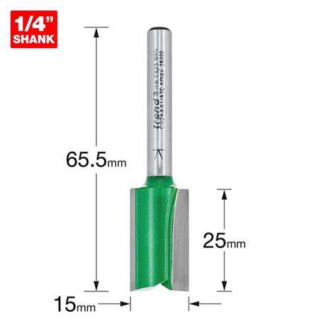 Size guide for the Trend Two Flute Router Cutter 15mm x 25mm (C024AX1/4TC) - CLEARANCE