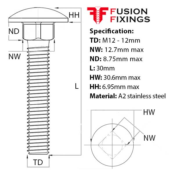 Size guide for the M12 x 30mm Cup Square Carriage Coach Bolt A2 (304) Stainless Steel, DIN 603