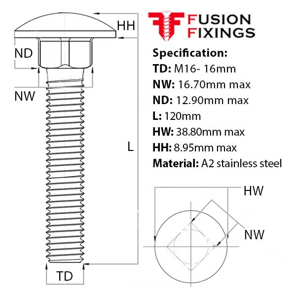 M16 x 120mm Carriage bolt (Coach Bolt), A2 (304) Stainless Steel, DIN 603