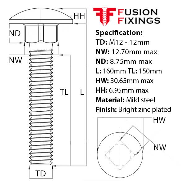 Size guide for the M12 x 160mm Coach Bolt (Carriage Bolt) & Nut, BZP, DIN 603