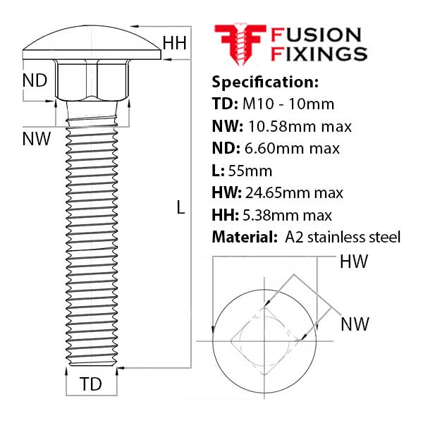 Size guide for the M10 x 55mm Carriage bolt (Coach Bolt) A2 Stainless Steel DIN 603