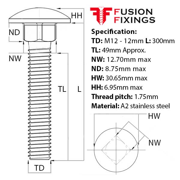 M12 x 300mm Carriage bolt (Coach Bolt), Part Thread, A2 (304) Stainless Steel, DIN 603