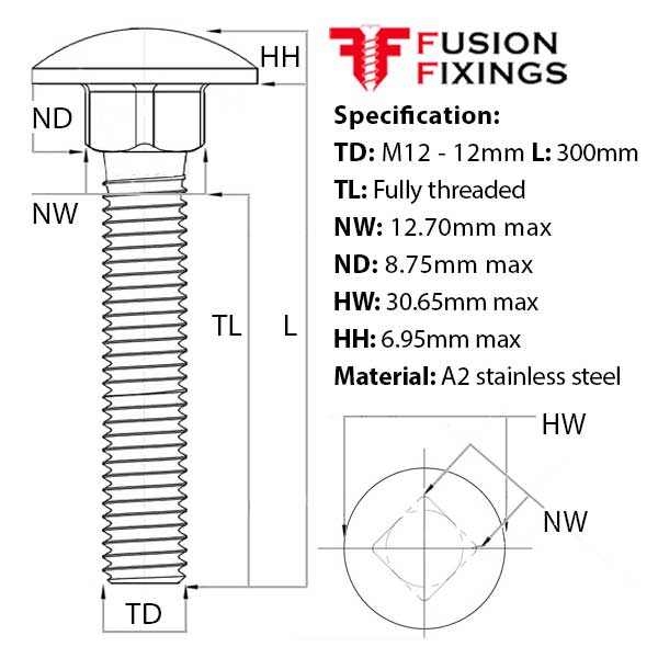 M12 x 300mm Carriage bolt (Coach Bolt), A2 (304) Stainless Steel, DIN 603