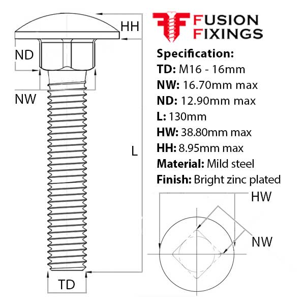Size guide for M16 x 130mm Coach Bolt (Carriage Bolt) BZP DIN 603 
