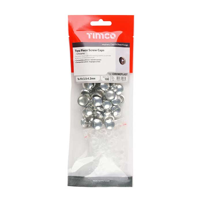 Two Piece Screw Caps, Chrome, for Screw Size 3.5mm - 4.2mm (No.6 - No.8) - Pack of 100