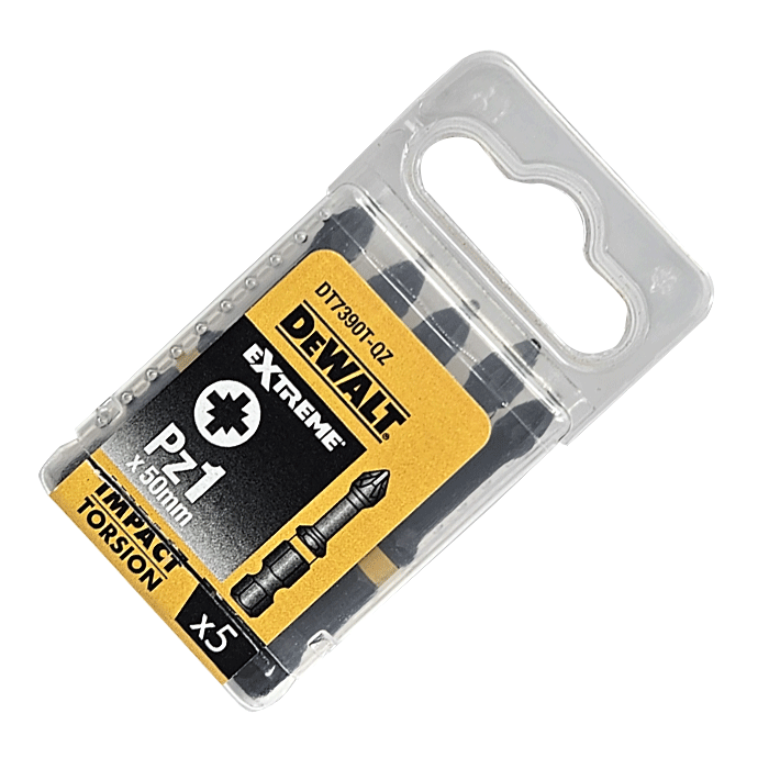 Pack image of the PZ1 x 50mm DeWALT Pozi Extreme Impact Torsion Driver Bits - Pack of 5, DT7390T-QZ - CLEARANCE