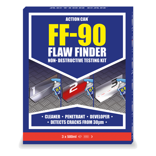 Action Can FF-90 Flaw-Finder Non-Destructive Testing Kit. Contains 3 x 500ml Aerosols and available as part of the growing Action Can range from Fusion Fixings. 