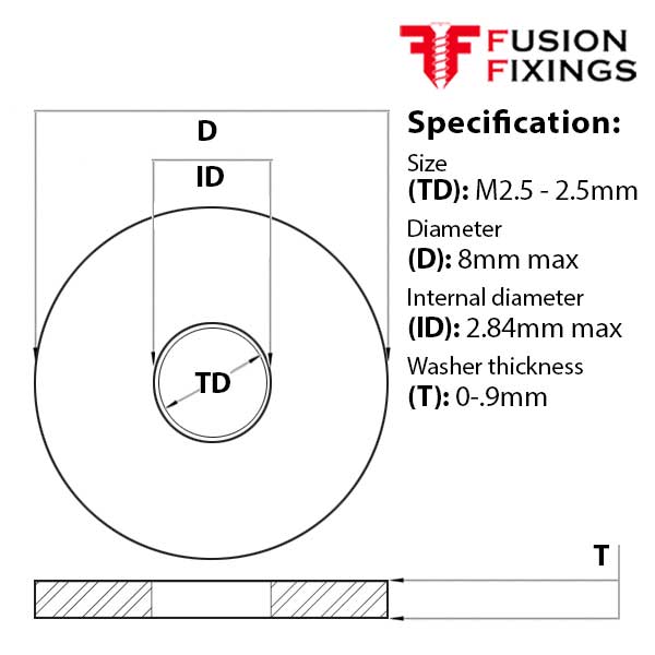 Size guide for the M2.5 x 8x 0.9mm Form G Flat Construction Washer, Metric, A2 (304) Stainless Steel, DIN 9021