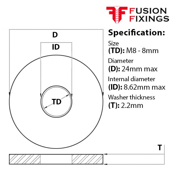 Size guide for the M8 x 24 x 2.2mm Form G Flat Construction Washer, Metric, A2 (304) Stainless Steel, DIN 9021