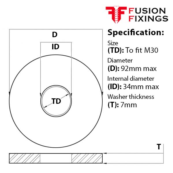 Size guide for the M30 x 92 x 7mm Form G Flat Construction Washer, Metric, HV140 Mild Steel, BZP, BS 4320
