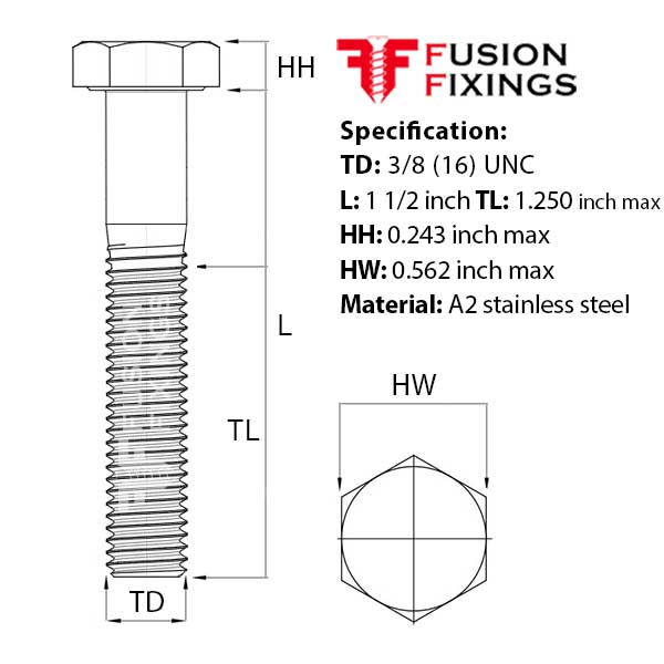 Size guide for 3/8 (16) UNC x 1 1/2 Inch Hex Bolt, A2 Stainless Steel (ASME B18.2.1)