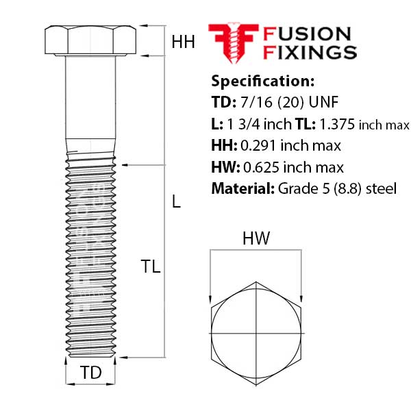 Size guide for 7/16 (20) UNF x 1 3/4 Inch Hex Bolt, A2 Stainless Steel (ASME B18.2.1)