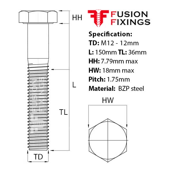 Size guide for M12 x 150mm Hex Bolt (Part Threaded Bolt) BZP, DIN 931 Grade 8.8