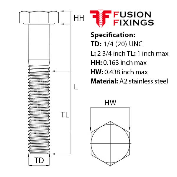 Size guide for 1/4 (20) UNC x 2 3/4 Inch Hex Bolt, A2 Stainless Steel (ASME B18.2.1)