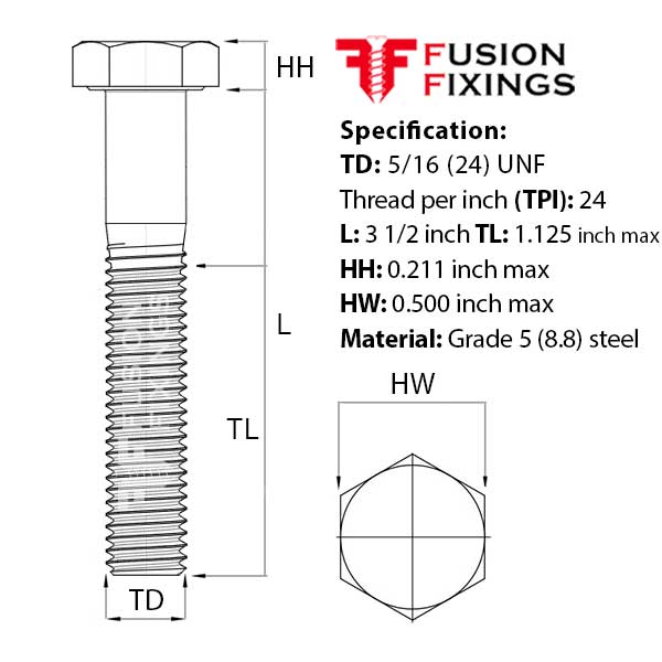 Size guide for 5/16 (24) UNF x 3 1/2 Inch Hex Bolt, A2 Stainless Steel (ASME B18.2.1)