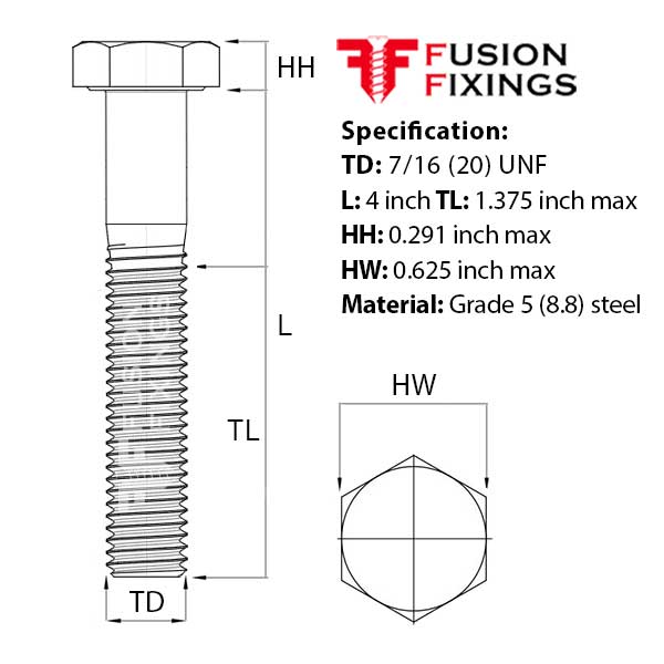 Size guide for 7/16 (20) UNF x 4 Inch Hex Bolt, A2 Stainless Steel (ASME B18.2.1)