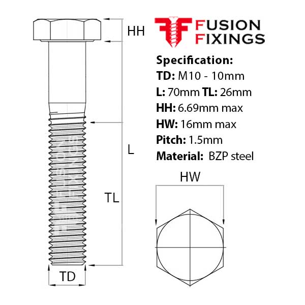 Size guide for M10 x 70mm Hex Bolt (Part Threaded Bolt) BZP, DIN 931 Grade 8.8