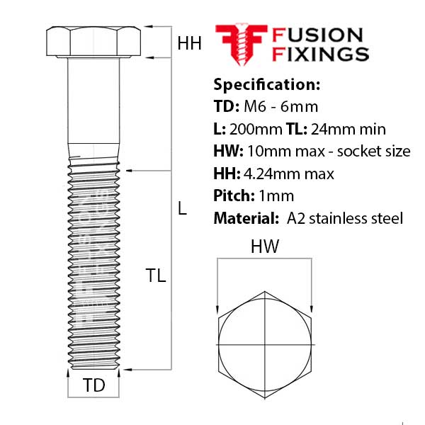 M6 x 200mm Hex Bolt (Part Threaded Bolt) A2 stainless steel, DIN 931