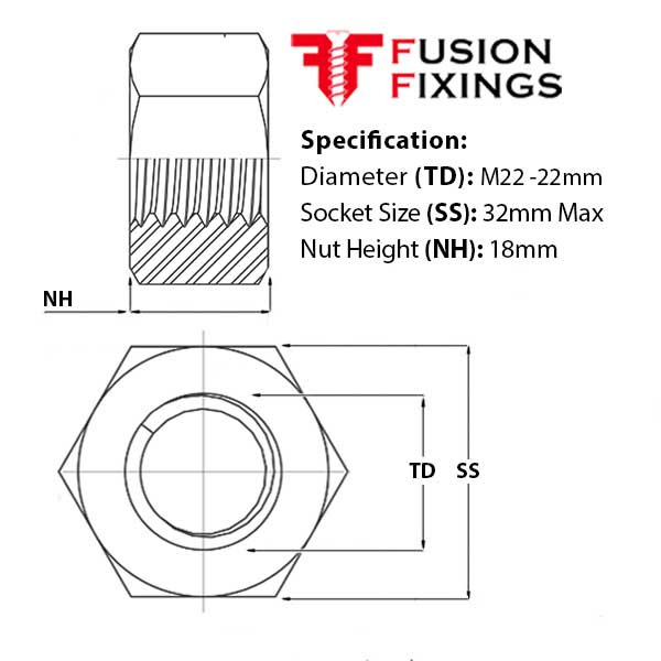 Size guide for the M22 Hex Full Nut, A4 Stainless Steel Hexagon Nut DIN 93