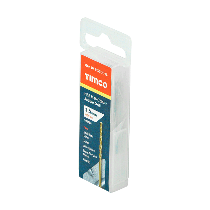 Image for the Timco 1.5 x 40mm HSS Jobber Drill Bits, Cobalt M35, Pack of 10 (HSSCO15)