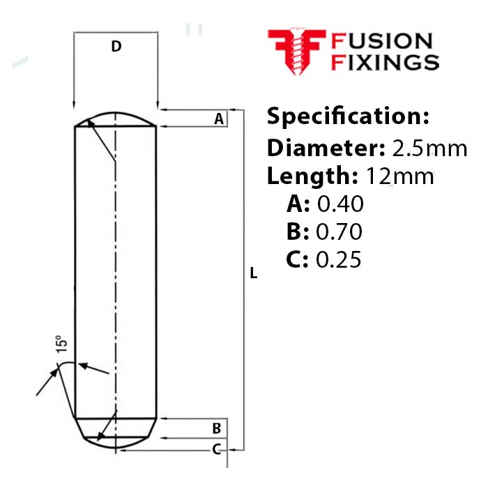 Info panel for 2.5 x 12mm Dowel Pin, Hardened & Ground Steel, Self-Colour, DIN 6325