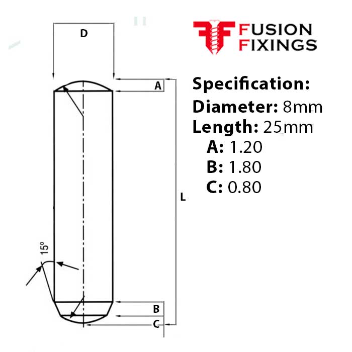 Info panel for 8 x 25mm Dowel Pin, Hardened & Ground Steel, Self-Colour, DIN 6325